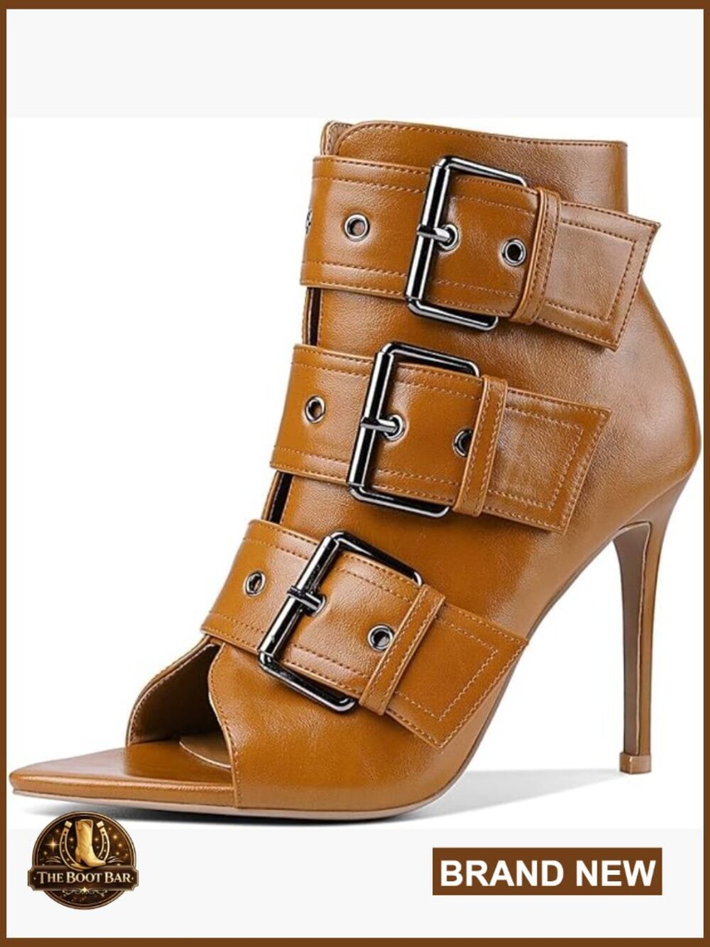 Peep Toe Stiletto Heeled Booties with Buckle and Side Zip